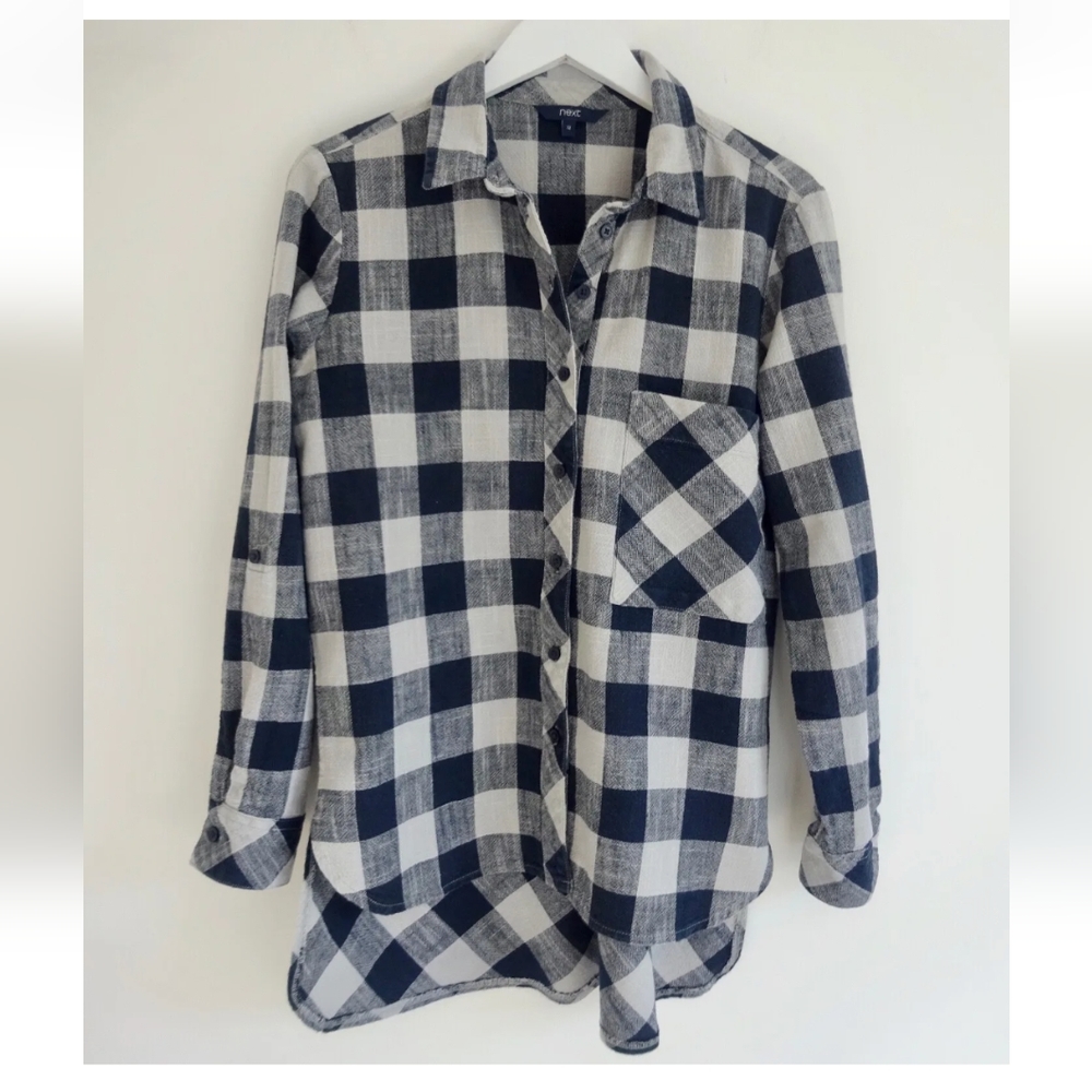 Next 12 shirt top casual cotton step hem boxy relaxed check long sleeved blue - Picture 11 of 12